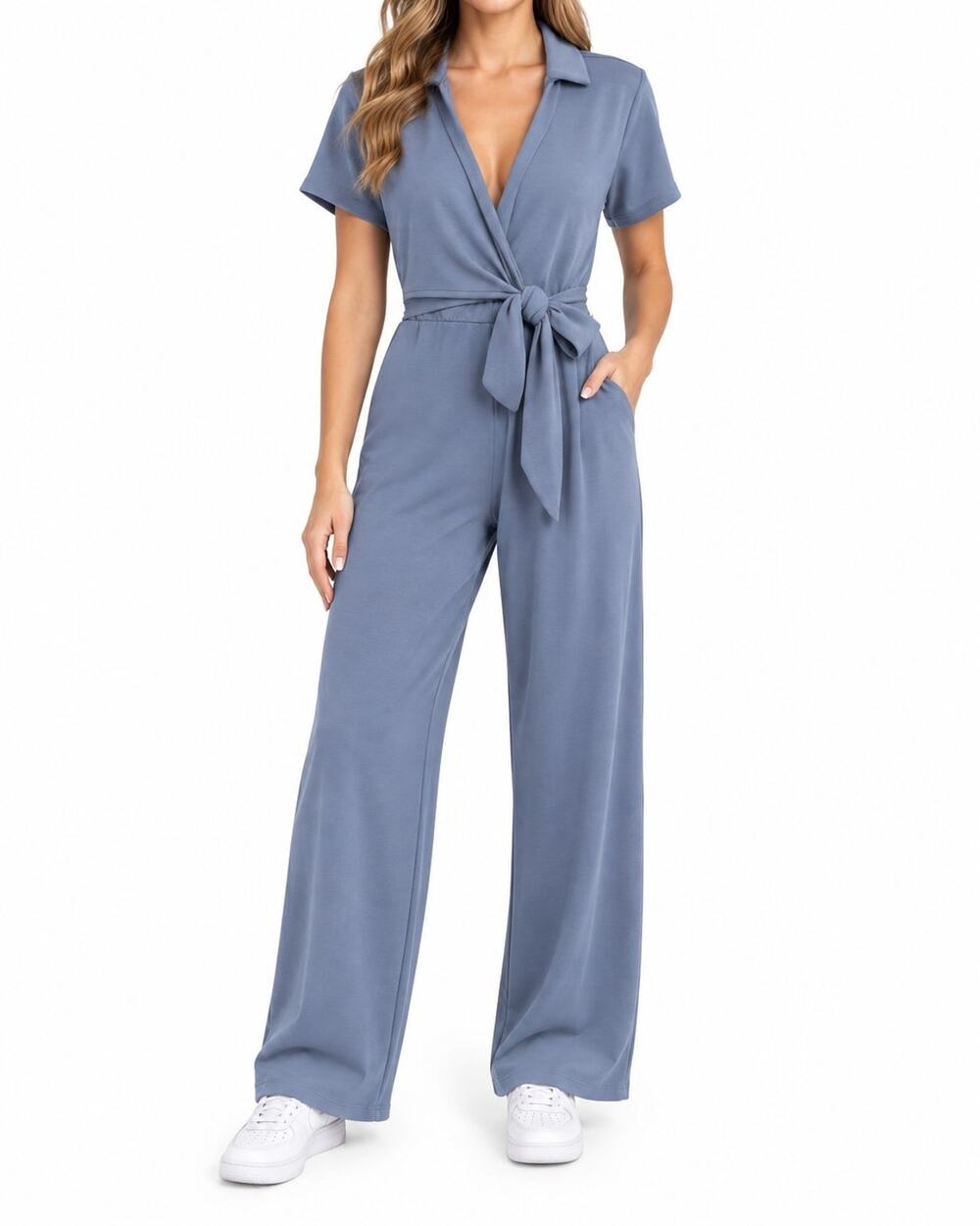 Spanx NWT Women's Sz MP Tall AirEssentials Collared Tie Waist Jumpsuit Rain Blue